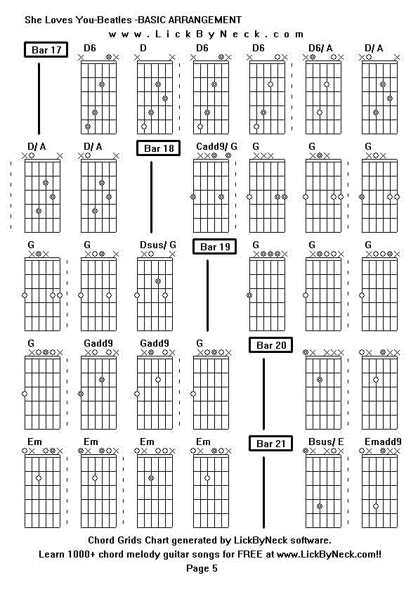 Chord Grids Chart of chord melody fingerstyle guitar song-She Loves You-Beatles -BASIC ARRANGEMENT,generated by LickByNeck software.